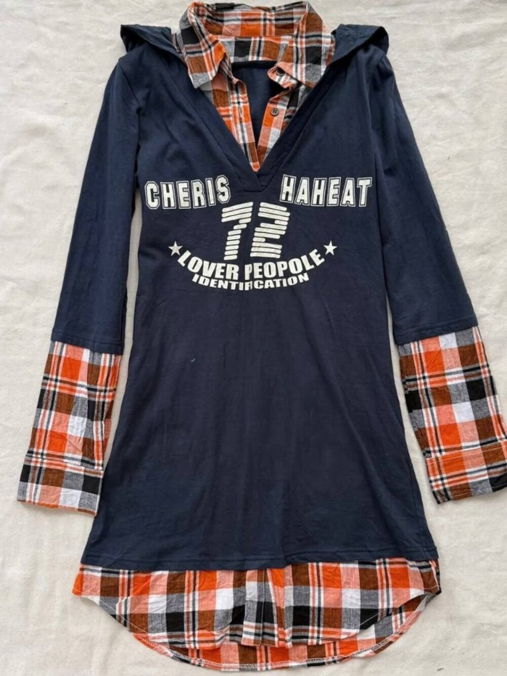 Navy Blue Plaid Layered Hooded Top